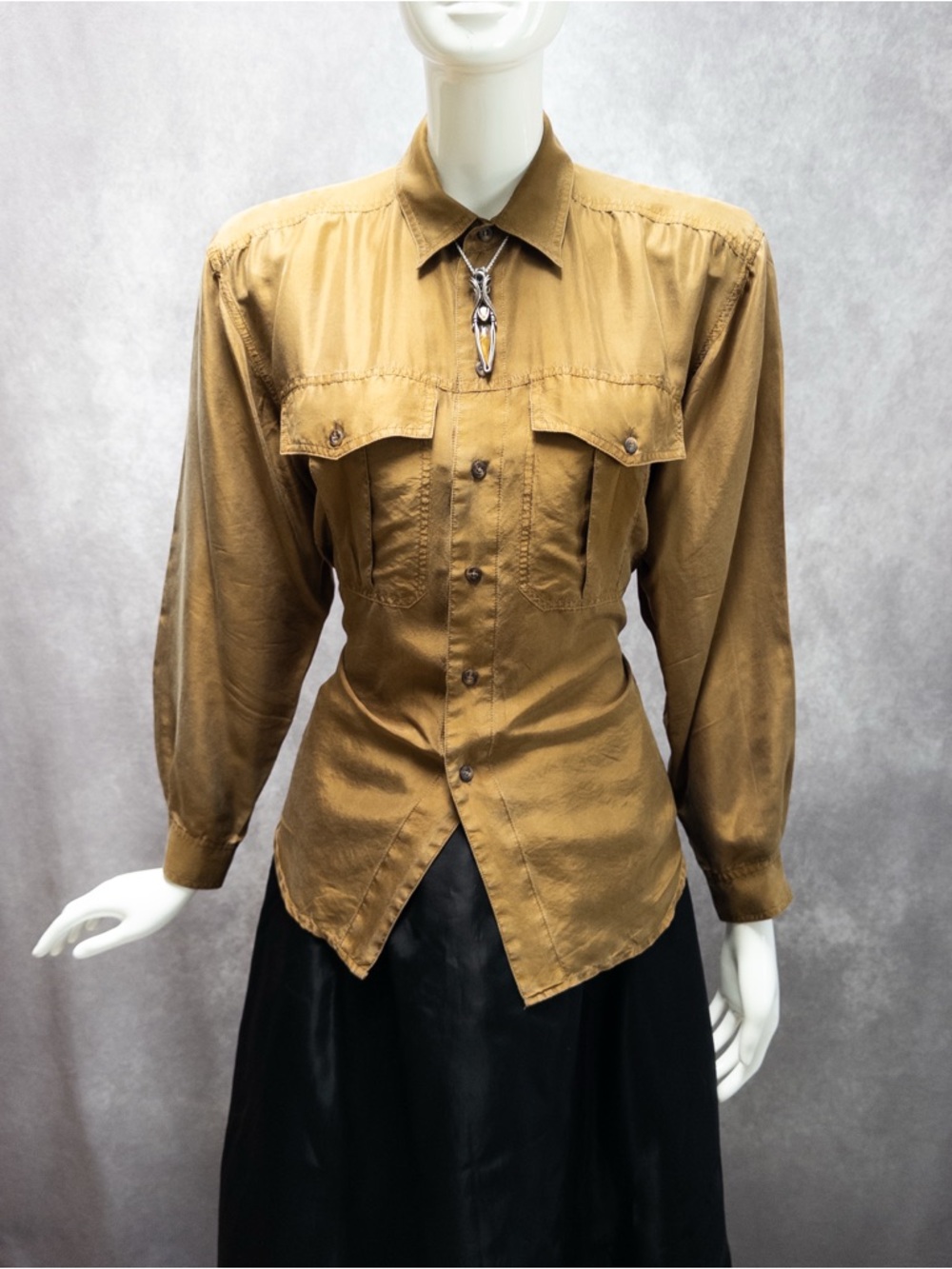 Vintage Lizwear 100% Silk Utility Safari Button Up Shirt‎ Brown Gold Medium